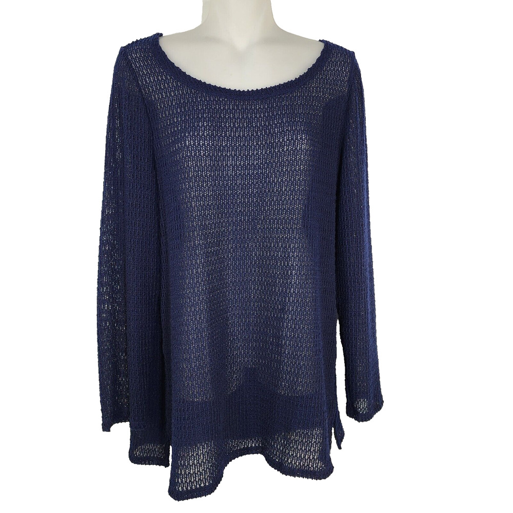 Chicos Easywear Women Sweater 1 Medium Blue Open Knit Sheer Long Sleeve Pullover